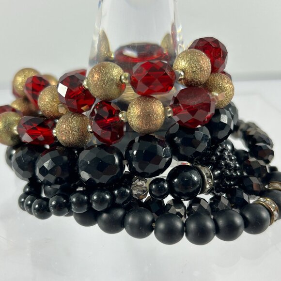 Lot 6 Stretch Bracelets Black Red Gold Beaded Layering Stacking Rhinestones - Picture 9 of 10